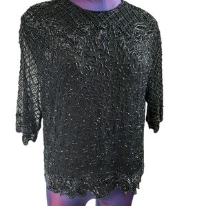 Justine Todd Silk Evening Beaded Blouse Black‎ Size Medium Women's
